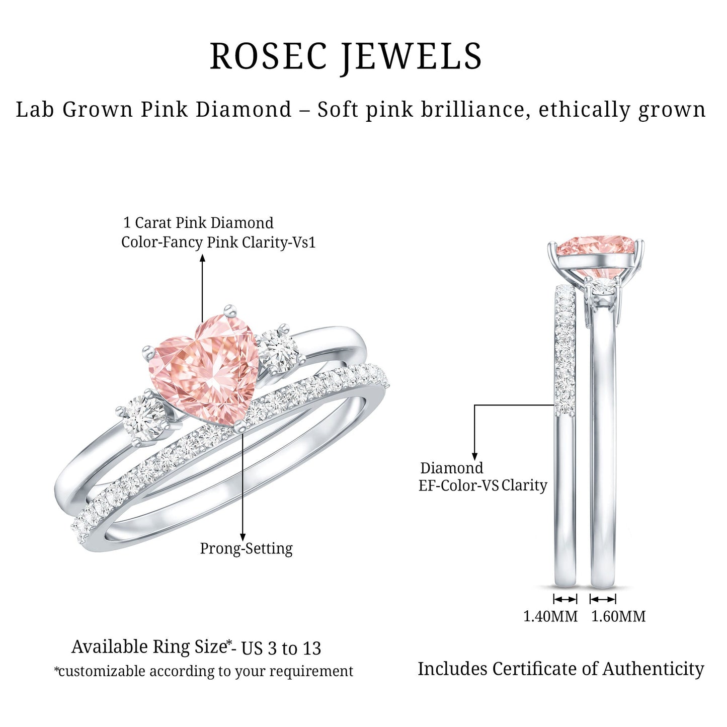IGI Certified Lab Grown Pink Heart Engagement Ring With Diamond Wedding Band