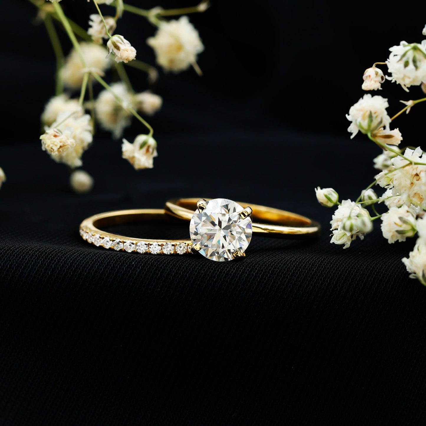 Certified 2 Carat Moissanite Solitaire Wedding Ring Set in Gold Plated Silver