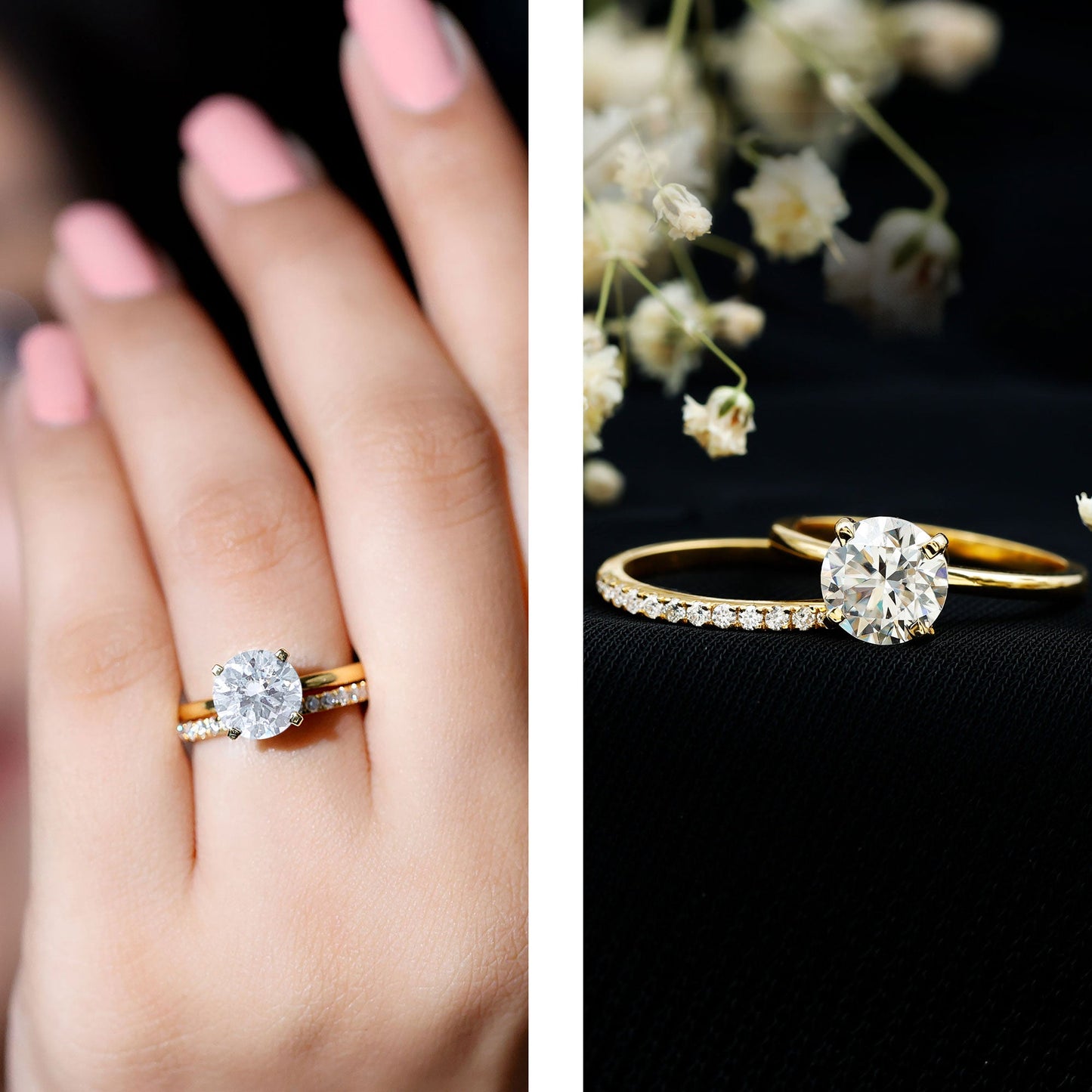 Certified 2 Carat Moissanite Solitaire Wedding Ring Set in Gold Plated Silver