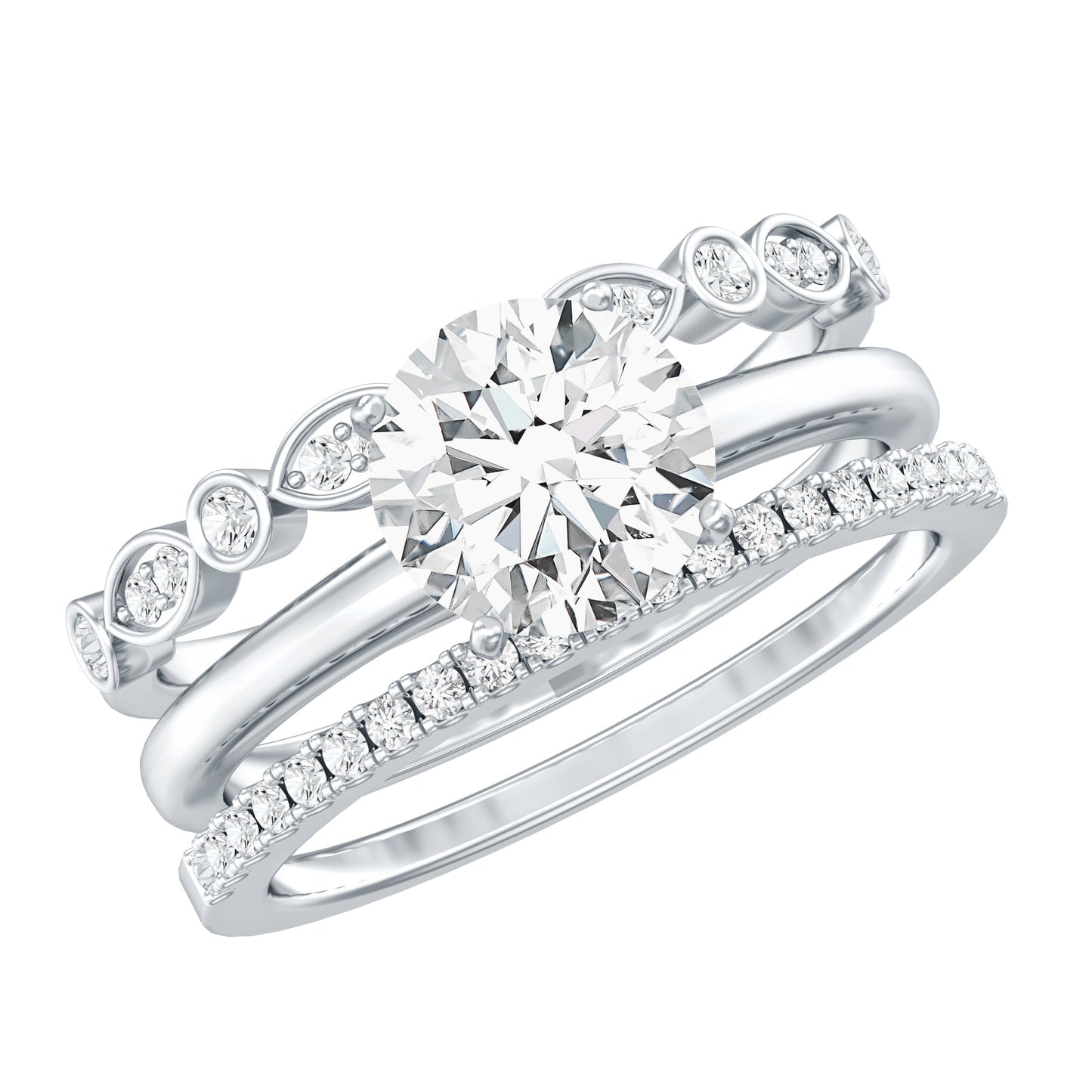 Round shape Solitaire Moissanite Trio Wedding Ring Set