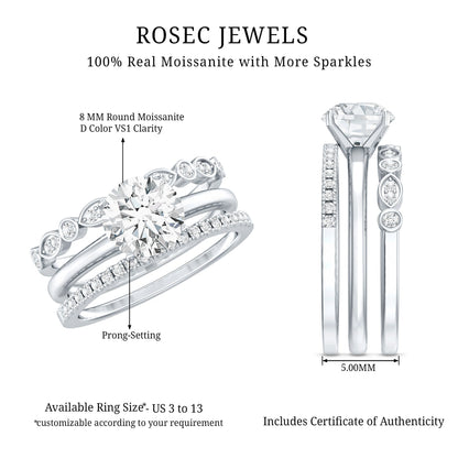 Round shape Solitaire Moissanite Trio Wedding Ring Set