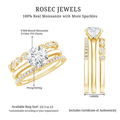 Round shape Solitaire Moissanite Trio Wedding Ring Set