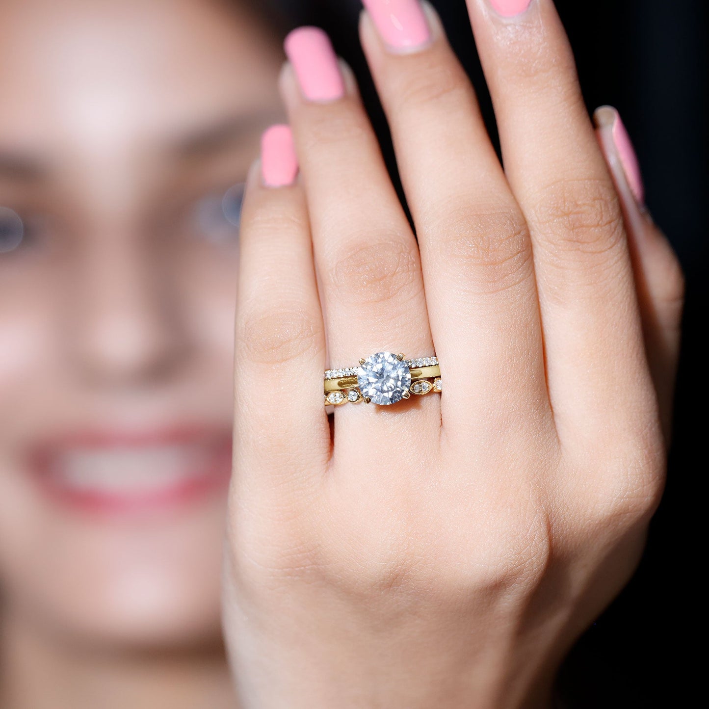 Round shape Solitaire Moissanite Trio Wedding Ring Set