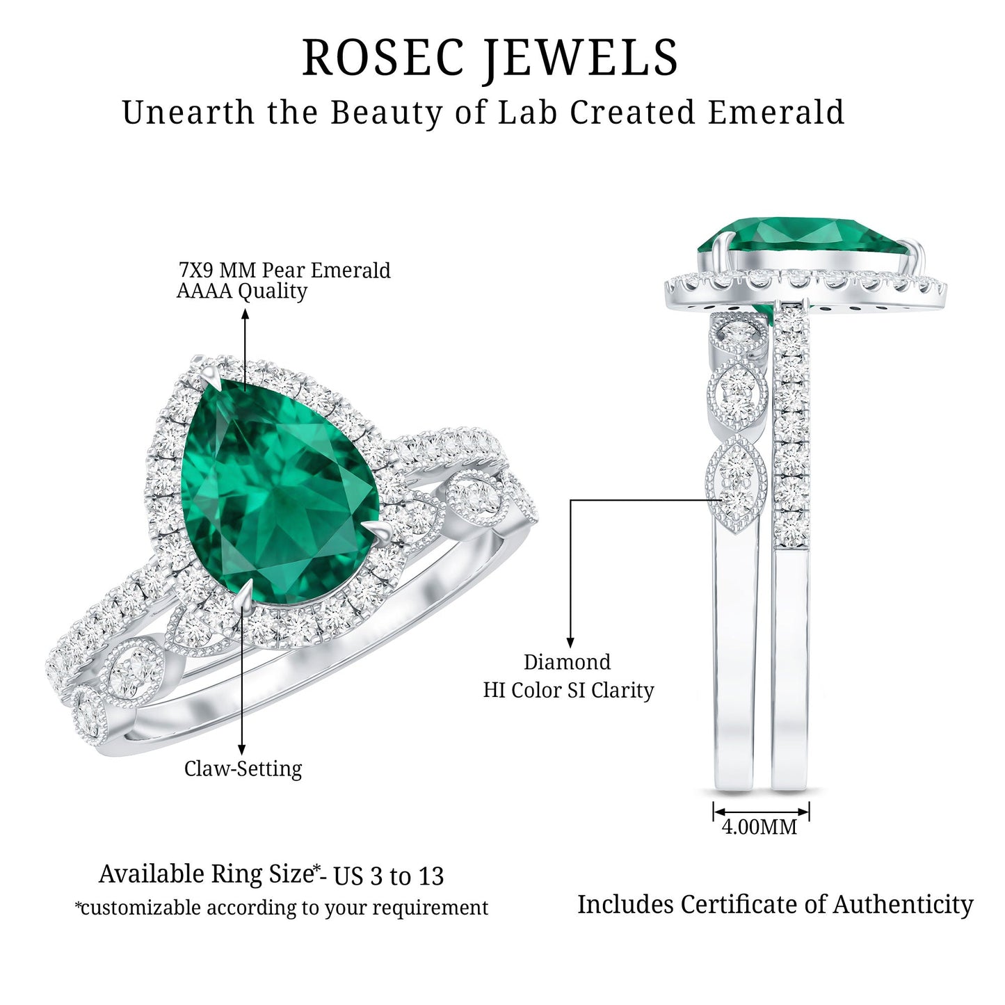 1.7 Carat Lab Grown Emerald Teardrop Ring Set with Natural Diamond
