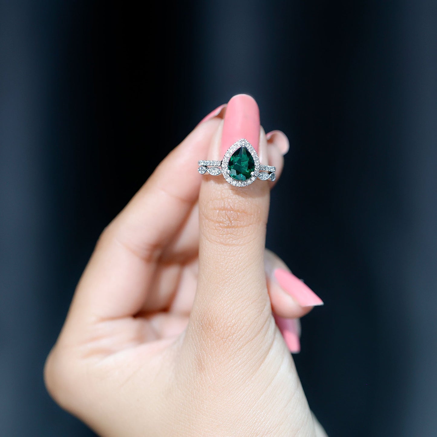 1.7 Carat Lab Grown Emerald Teardrop Ring Set with Natural Diamond