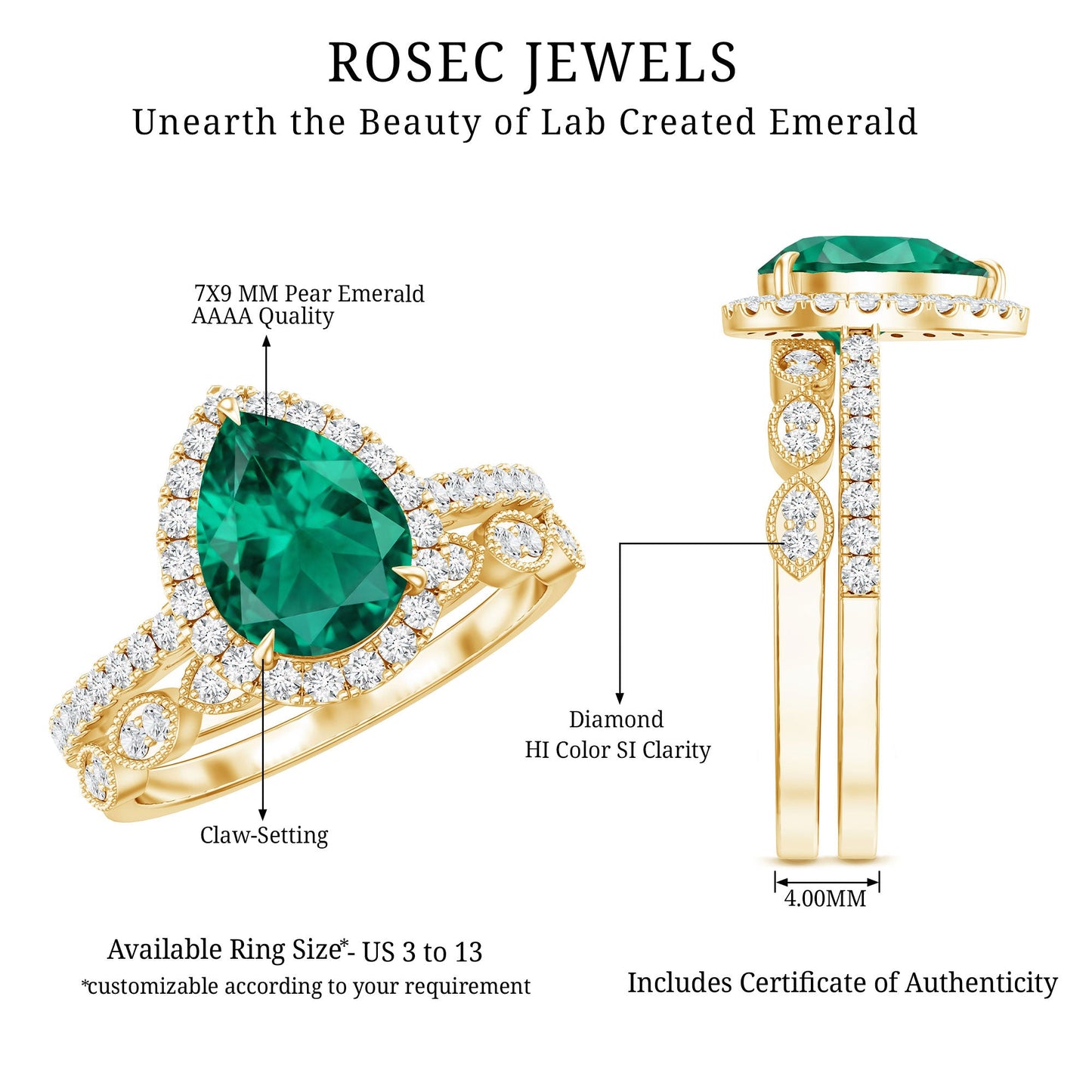 1.7 Carat Lab Grown Emerald Teardrop Ring Set with Natural Diamond