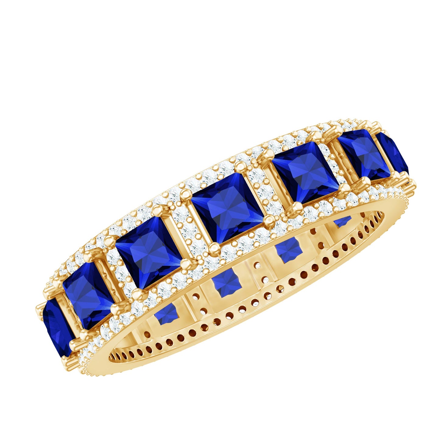 Princess Cut Lab Created Blue Sapphire Statement Wedding Band with Moissanite