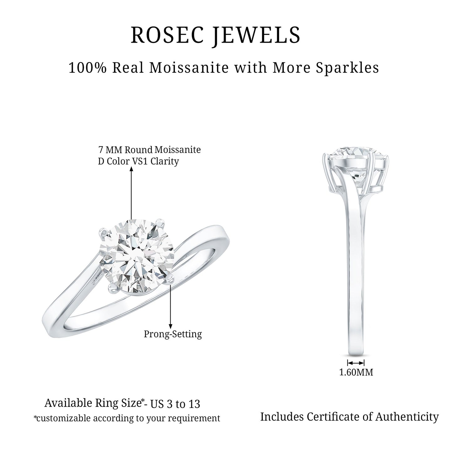 Certified Moissanite Solitaire Engagement Ring with Bypass Shank