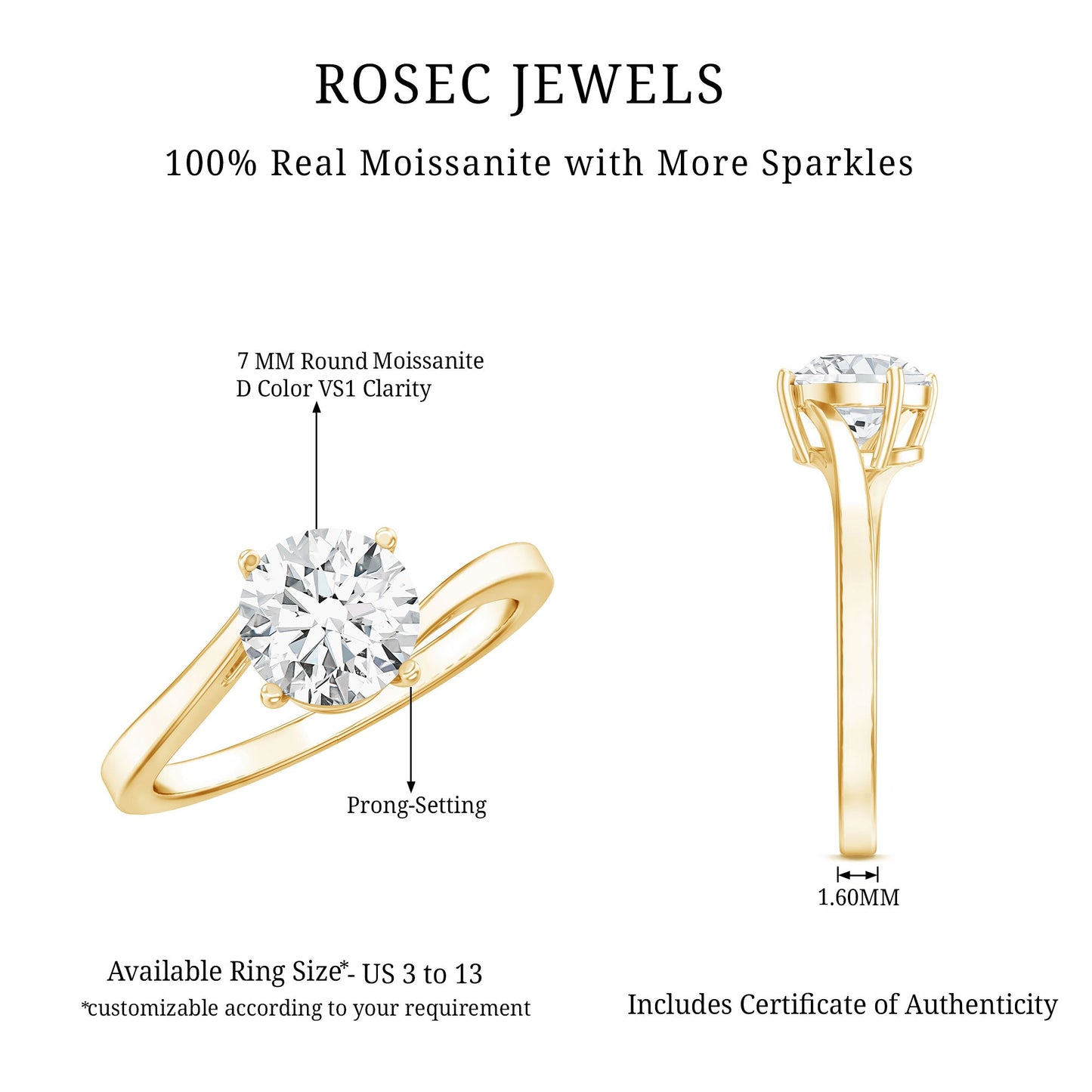 Certified Moissanite Solitaire Engagement Ring with Bypass Shank