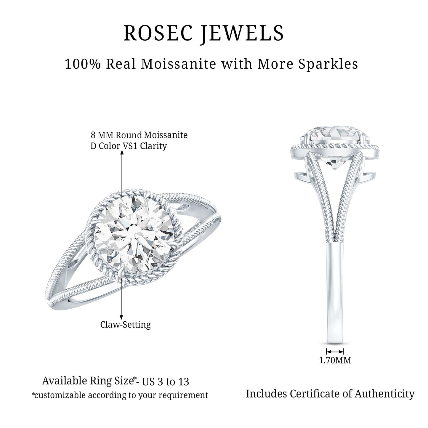2 CT Round Cut Moissanite Solitaire Engagement Ring with Split Shank
