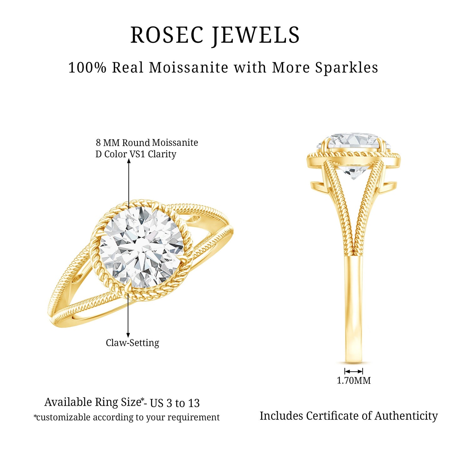 2 CT Round Cut Moissanite Solitaire Engagement Ring with Split Shank