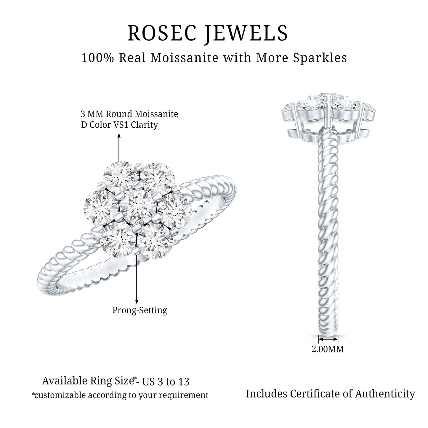 Moissanite Flower Engagement with Twisted Rope Details