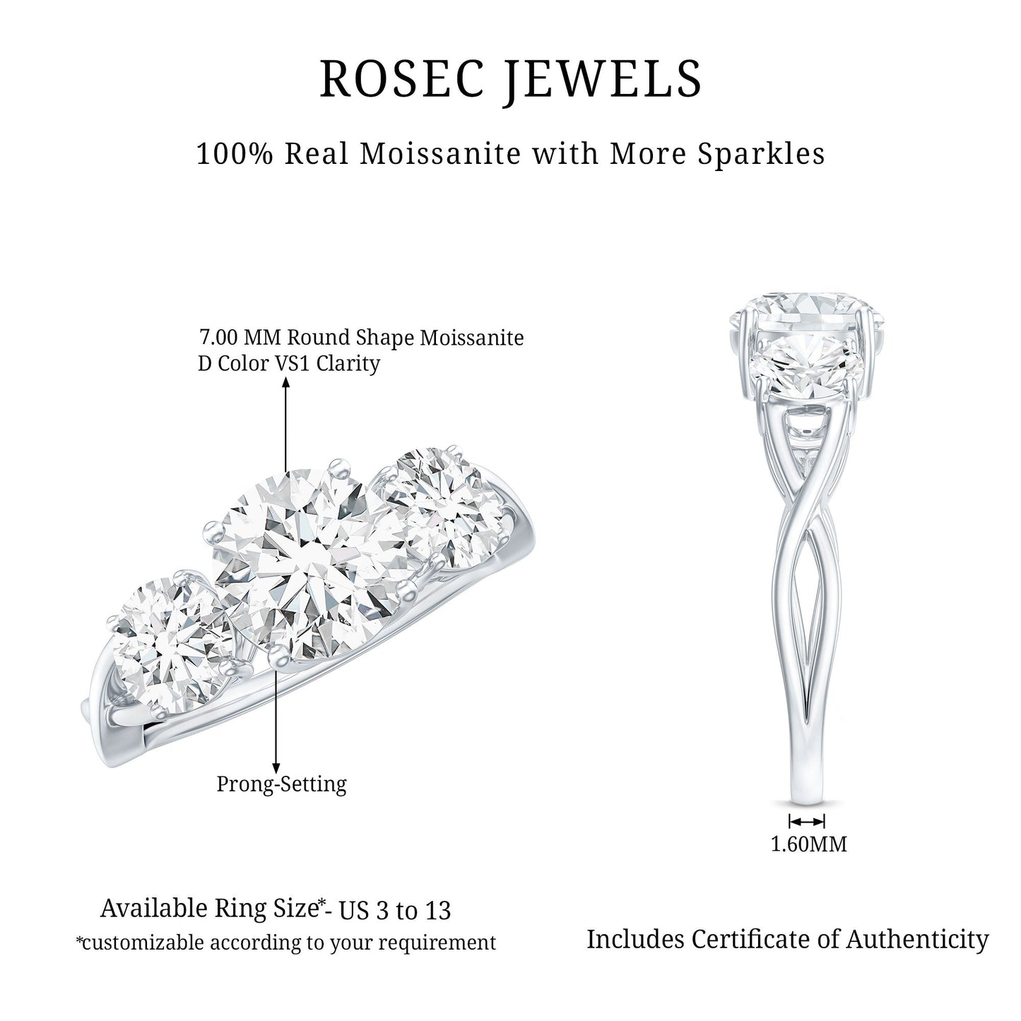 3 Stone Round Moissanite Crossover Engagement Ring