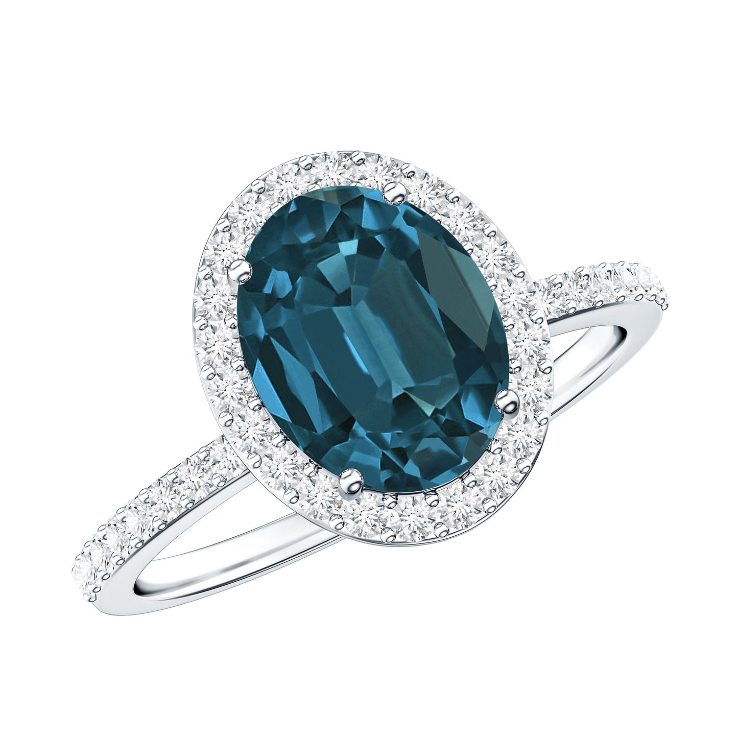 2.5 Carat Oval Cut London Blue Topaz Oblong Engagement Ring with Diamond Halo