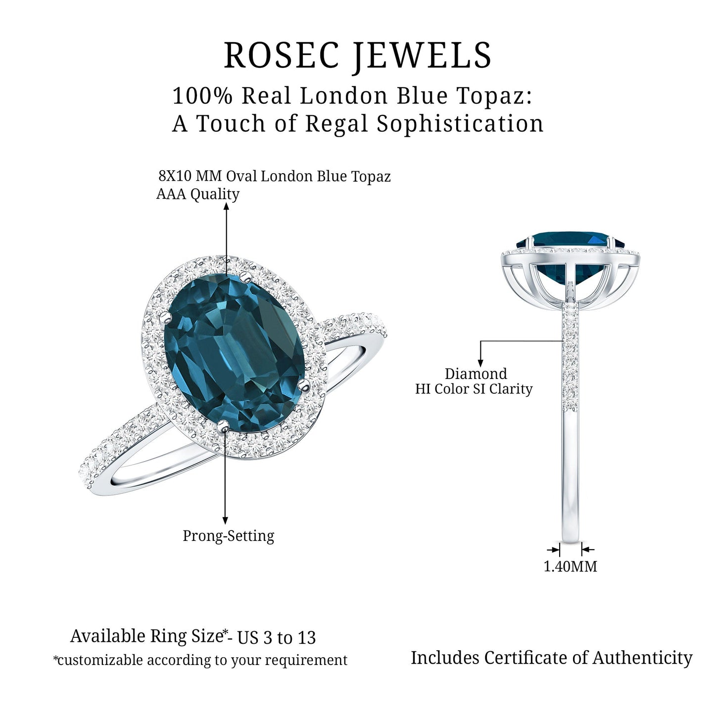 2.5 Carat Oval Cut London Blue Topaz Oblong Engagement Ring with Diamond Halo