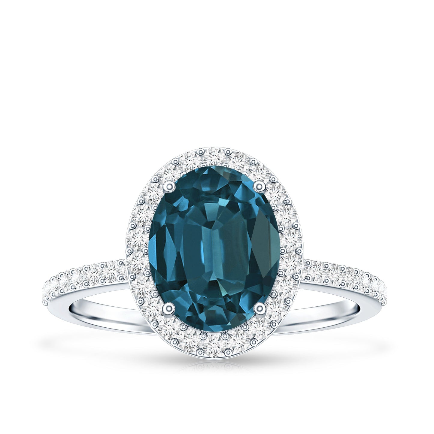 2.5 Carat Oval Cut London Blue Topaz Oblong Engagement Ring with Diamond Halo