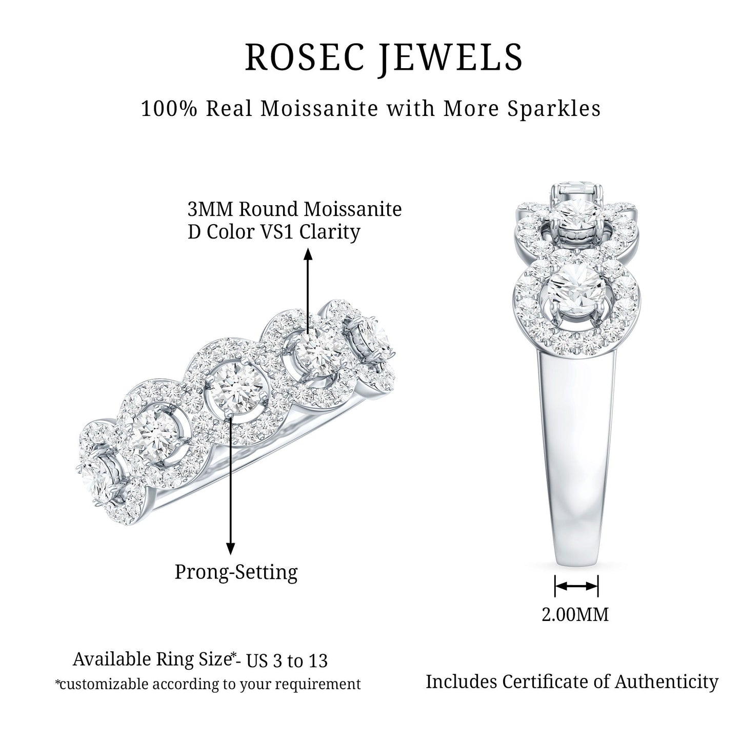 Certified Round Cut Moissanite Halo Classic Band Ring
