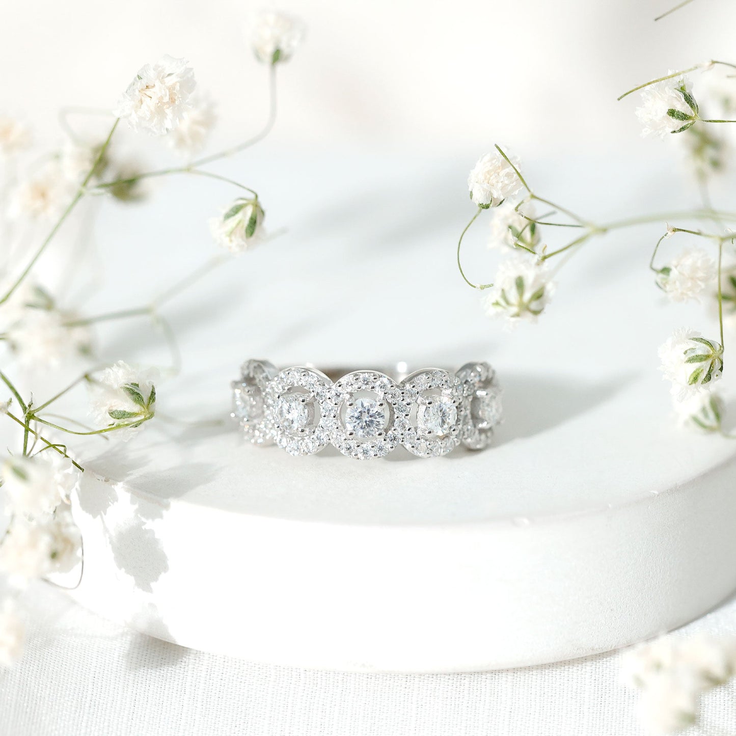 Certified Round Cut Moissanite Halo Classic Band Ring