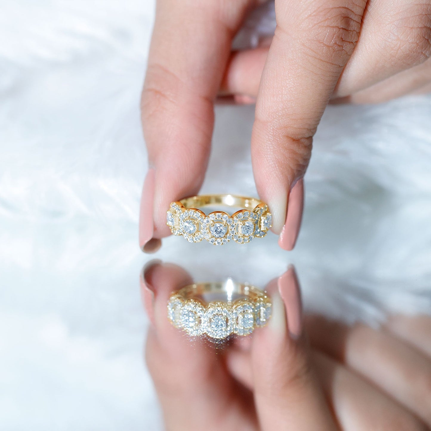 Certified Round Cut Moissanite Halo Classic Band Ring