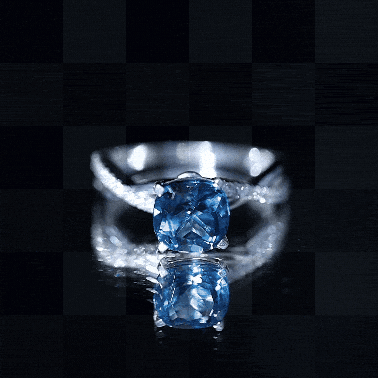 2.8 Carat Cushion Cut London Blue Topaz Solitaire Engagement Ring with Diamond Crossover Shank