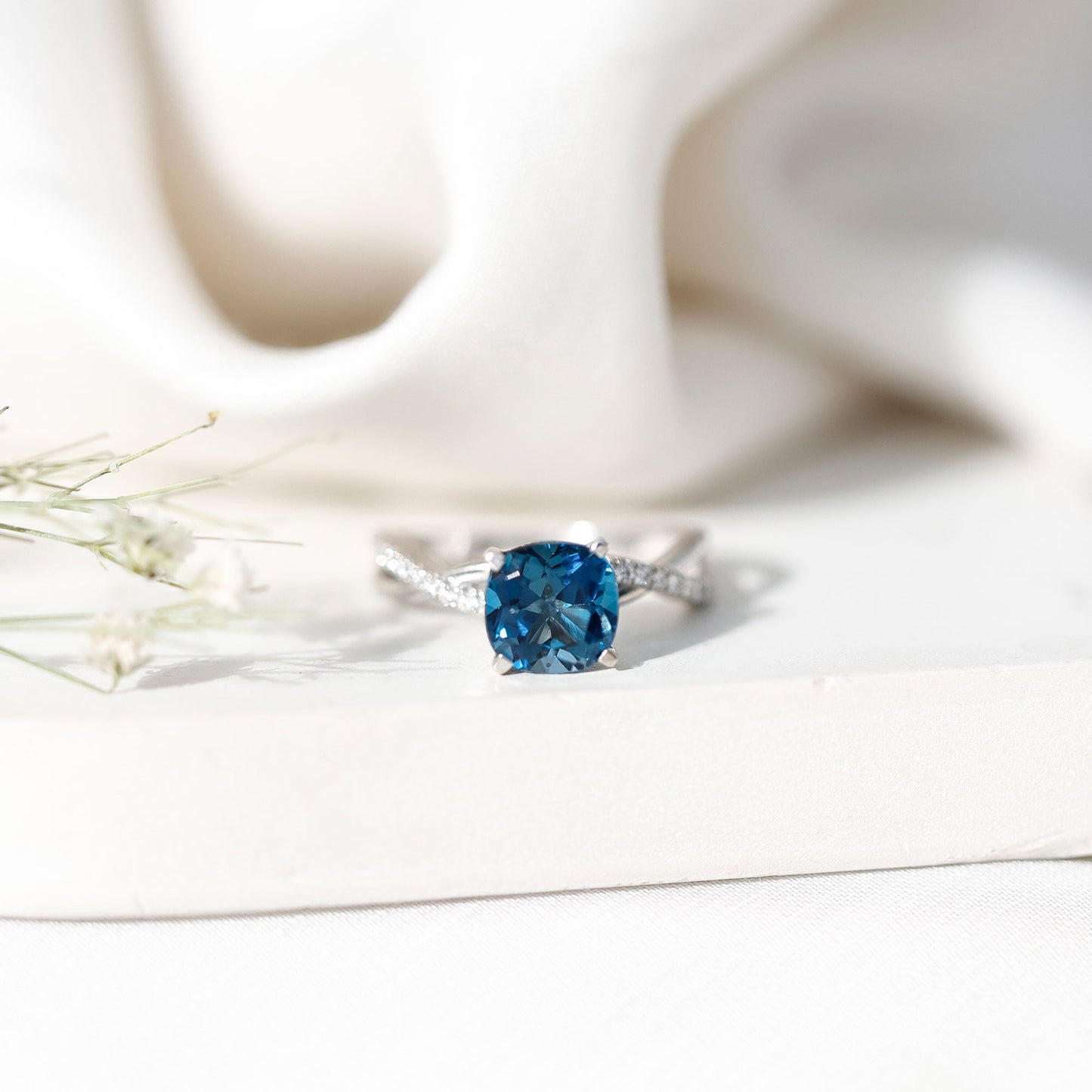 2.8 Carat Cushion Cut London Blue Topaz Solitaire Engagement Ring with Diamond Crossover Shank