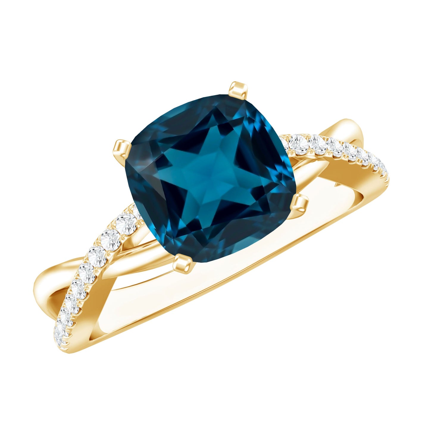 2.8 Carat Cushion Cut London Blue Topaz Solitaire Engagement Ring with Diamond Crossover Shank