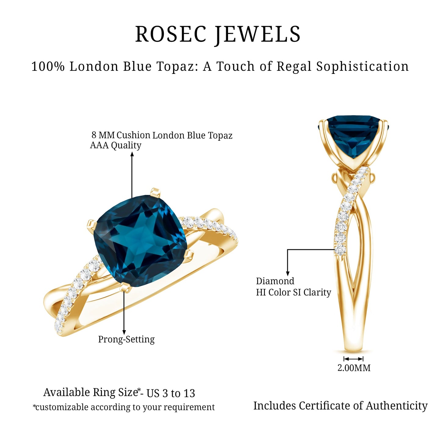2.8 Carat Cushion Cut London Blue Topaz Solitaire Engagement Ring with Diamond Crossover Shank