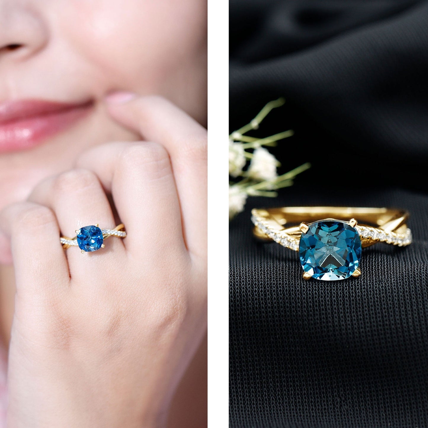 2.8 Carat Cushion Cut London Blue Topaz Solitaire Engagement Ring with Diamond Crossover Shank