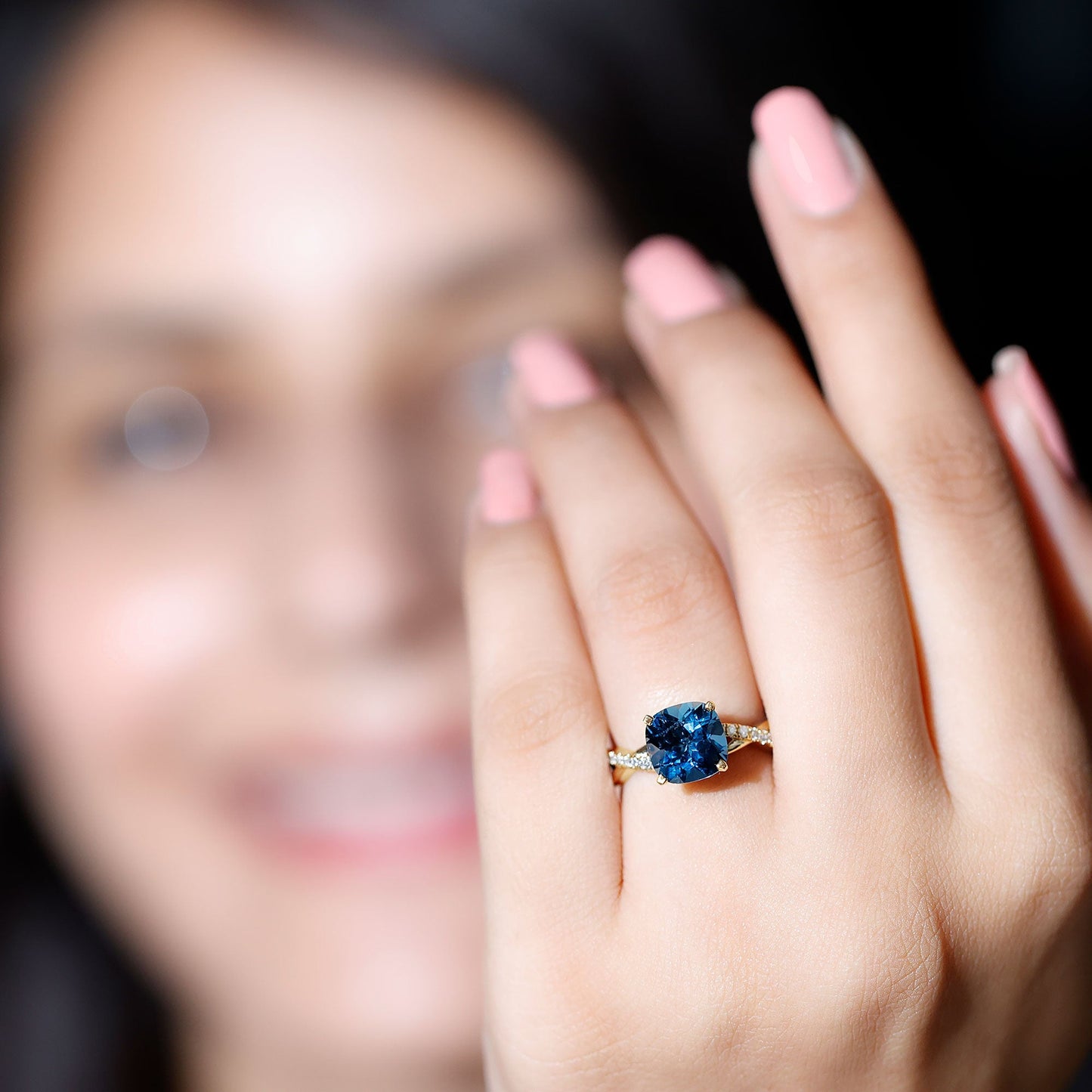 2.8 Carat Cushion Cut London Blue Topaz Solitaire Engagement Ring with Diamond Crossover Shank