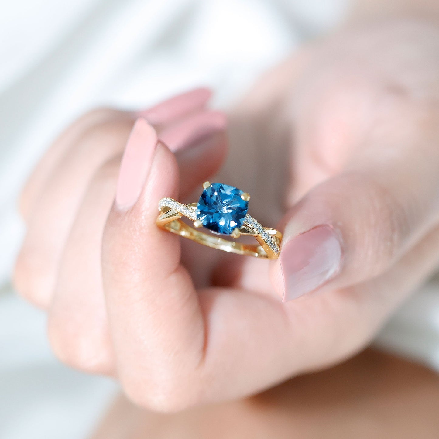 2.8 Carat Cushion Cut London Blue Topaz Solitaire Engagement Ring with Diamond Crossover Shank
