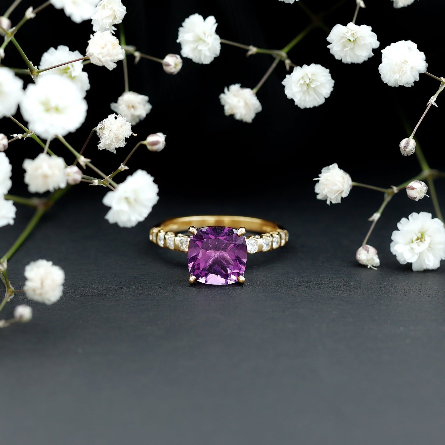 2 Carat Amethyst Cushion Cut Engagement Ring with Diamond