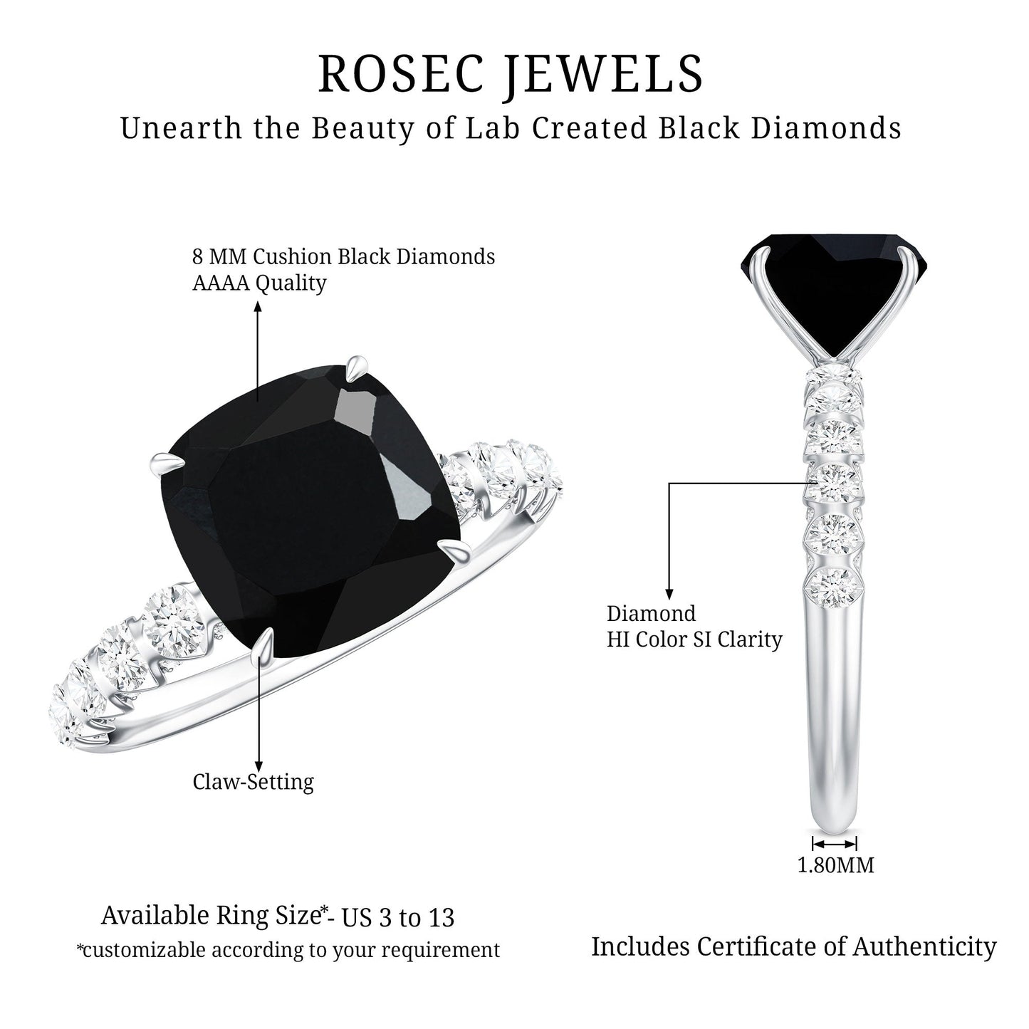 Cushion Cut Created Black Diamond and Diamond Solitaire Ring