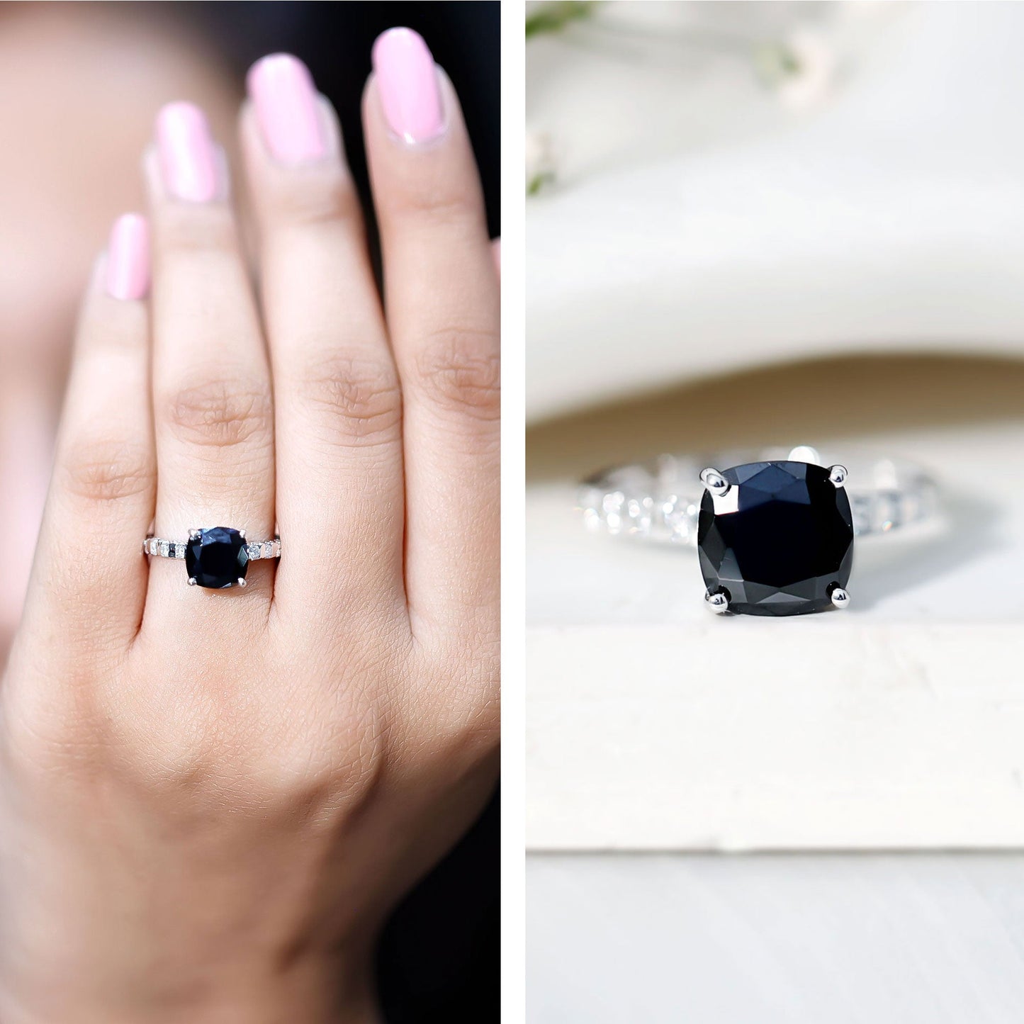 Cushion Cut Created Black Diamond and Diamond Solitaire Ring