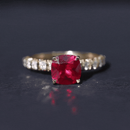 2 Carat Cushion Cut Lab Created Ruby Engagement Ring with Diamond Side Stones