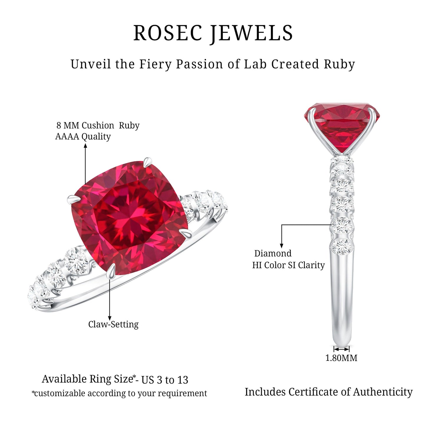 2 Carat Cushion Cut Lab Created Ruby Engagement Ring with Diamond Side Stones