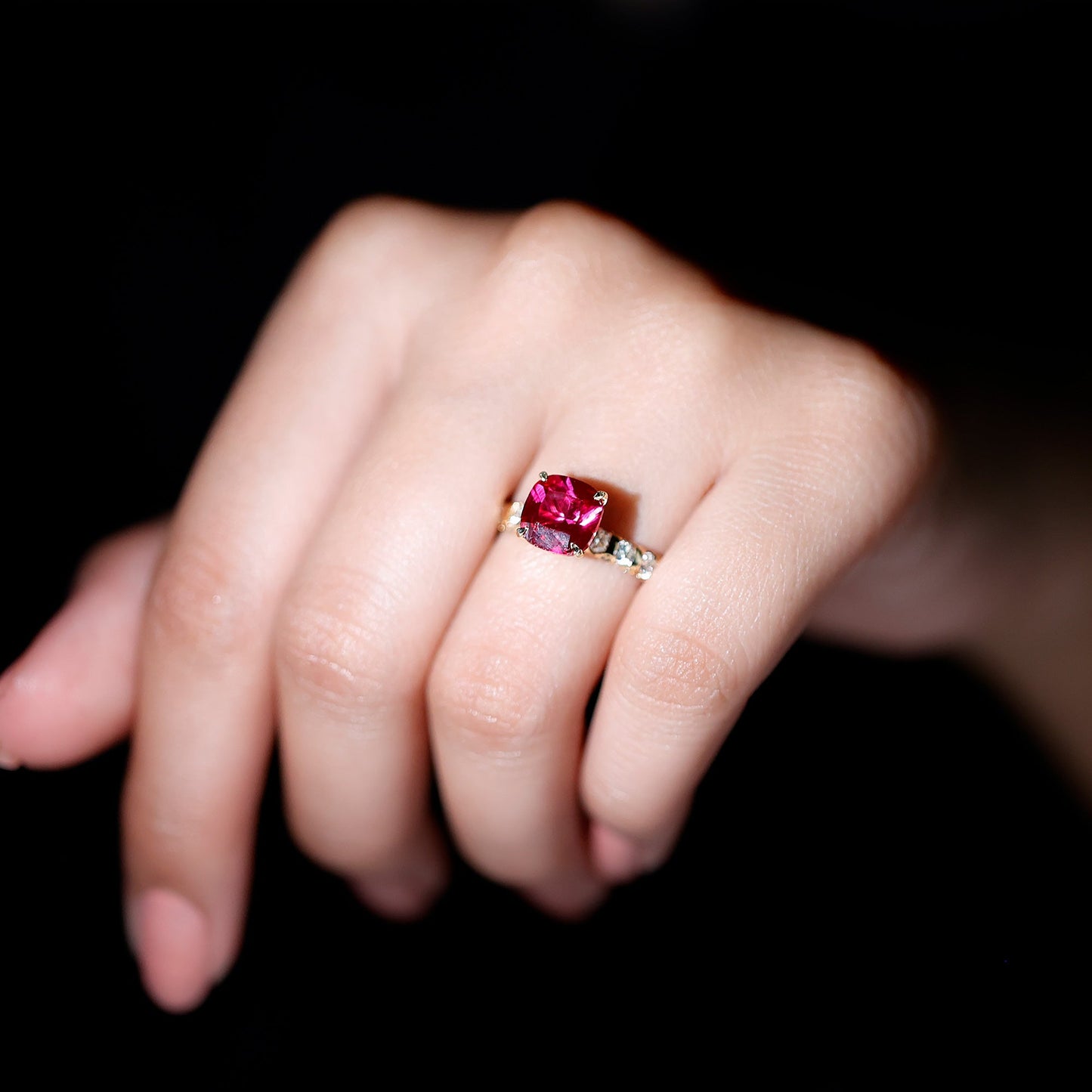 2 Carat Cushion Cut Lab Created Ruby Engagement Ring with Diamond Side Stones