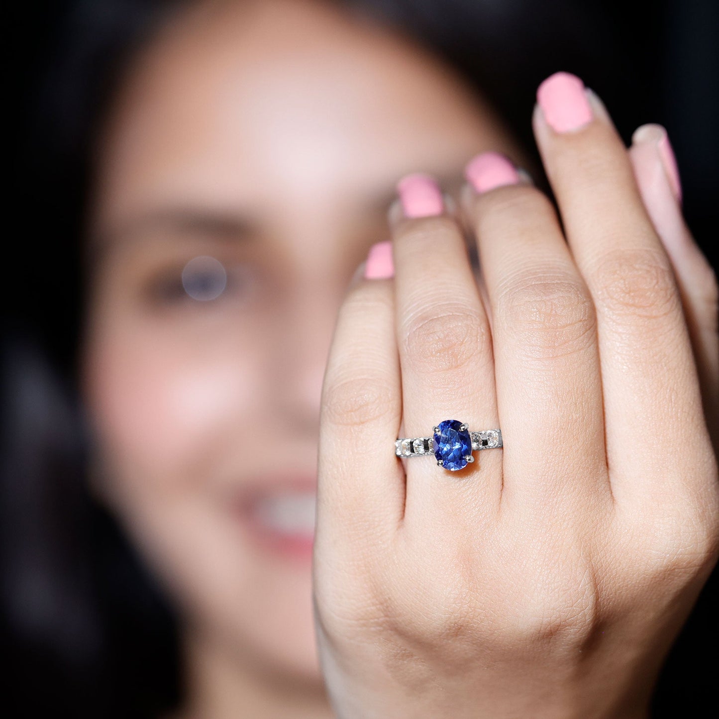 Certified 1.5 Carat Oval Lab Grown Blue Sapphire Engagement Ring with Diamond