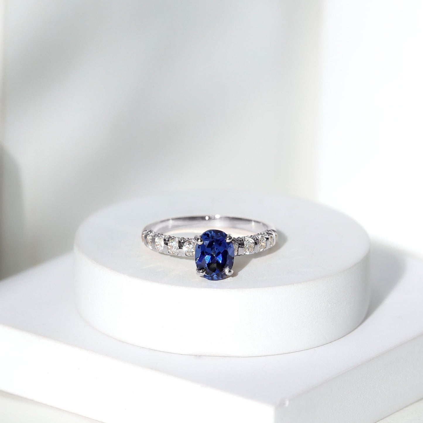 Certified 1.5 Carat Oval Lab Grown Blue Sapphire Engagement Ring with Diamond