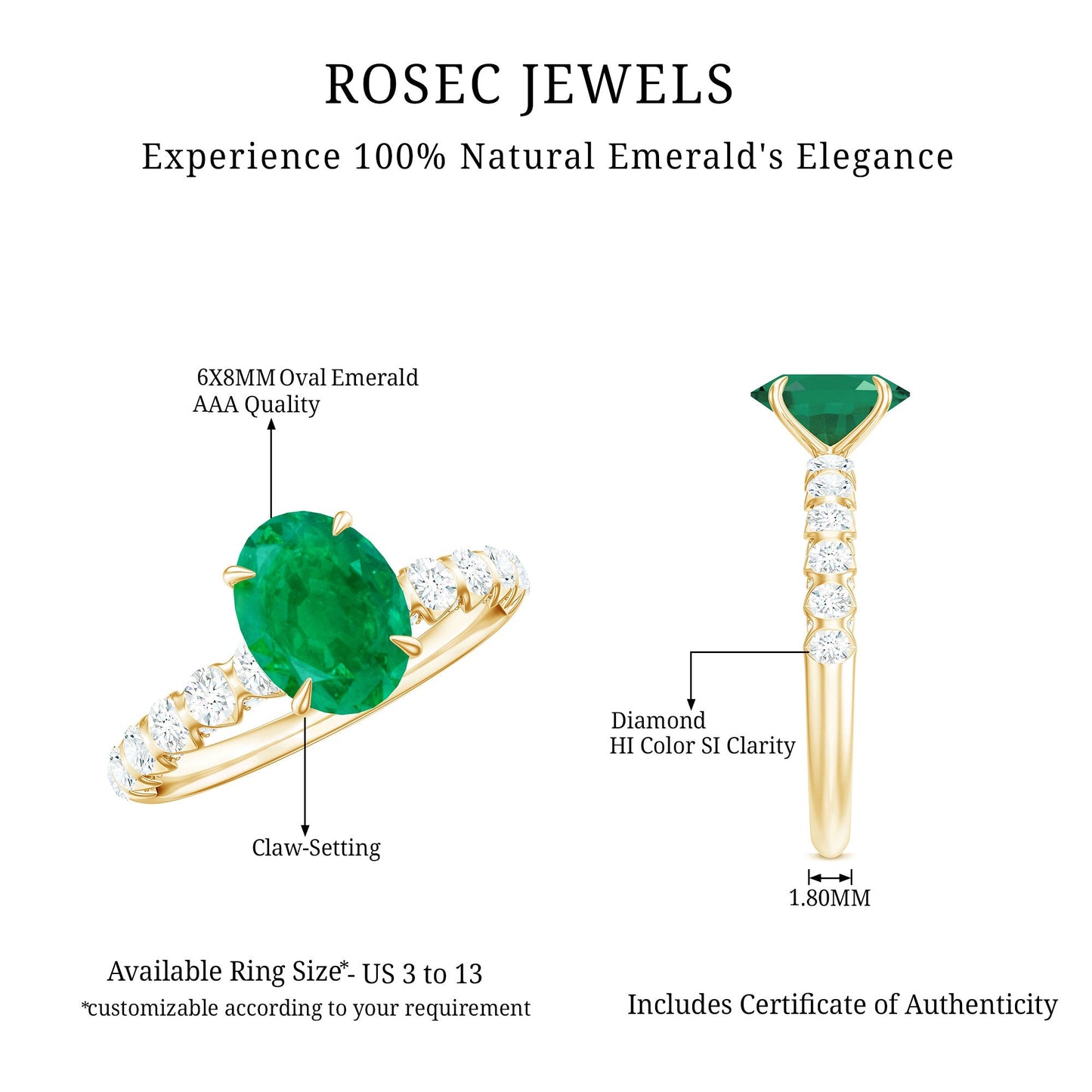 Natural 1.2 Carat Emerald Oval Engagement Ring with Diamond Side Stones