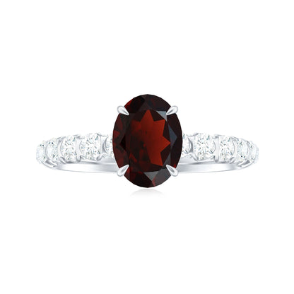 Certified Natural Garnet Oval Engagement Ring with Diamond Side Stones