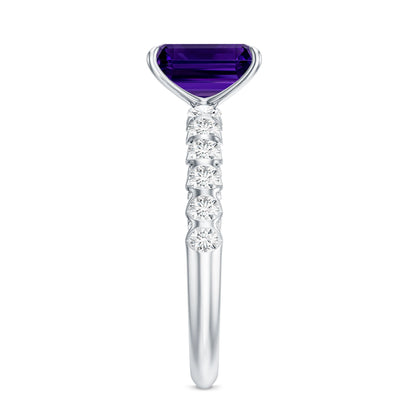 Real 1.4 Carat Amethyst Emerald Cut Engagement Ring with Diamond