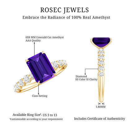 Real 1.4 Carat Amethyst Emerald Cut Engagement Ring with Diamond