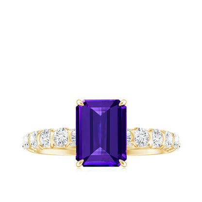 Real 1.4 Carat Amethyst Emerald Cut Engagement Ring with Diamond