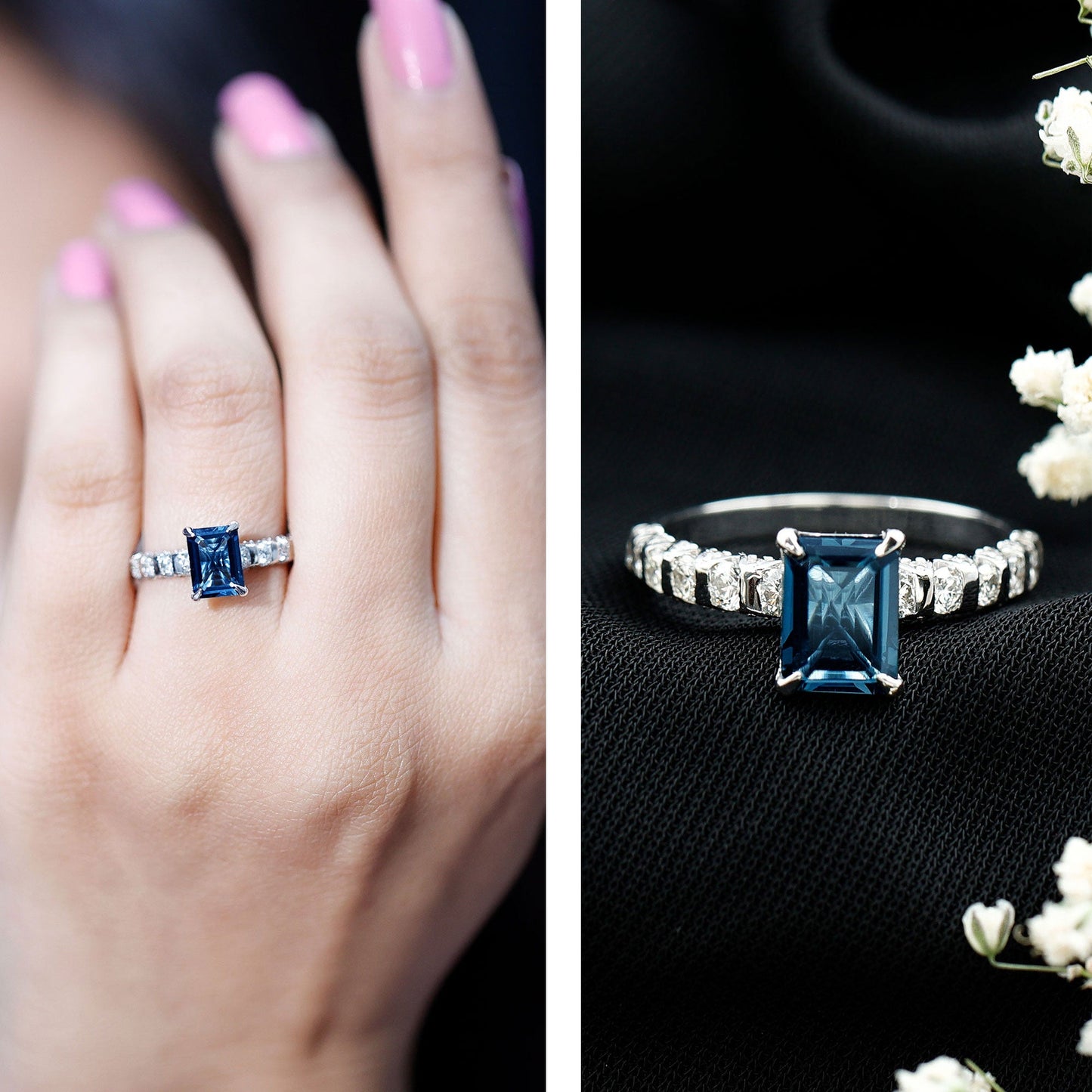 2.25 Carat Emerald Cut London Blue Topaz Engagement Ring with Diamond Side Stones