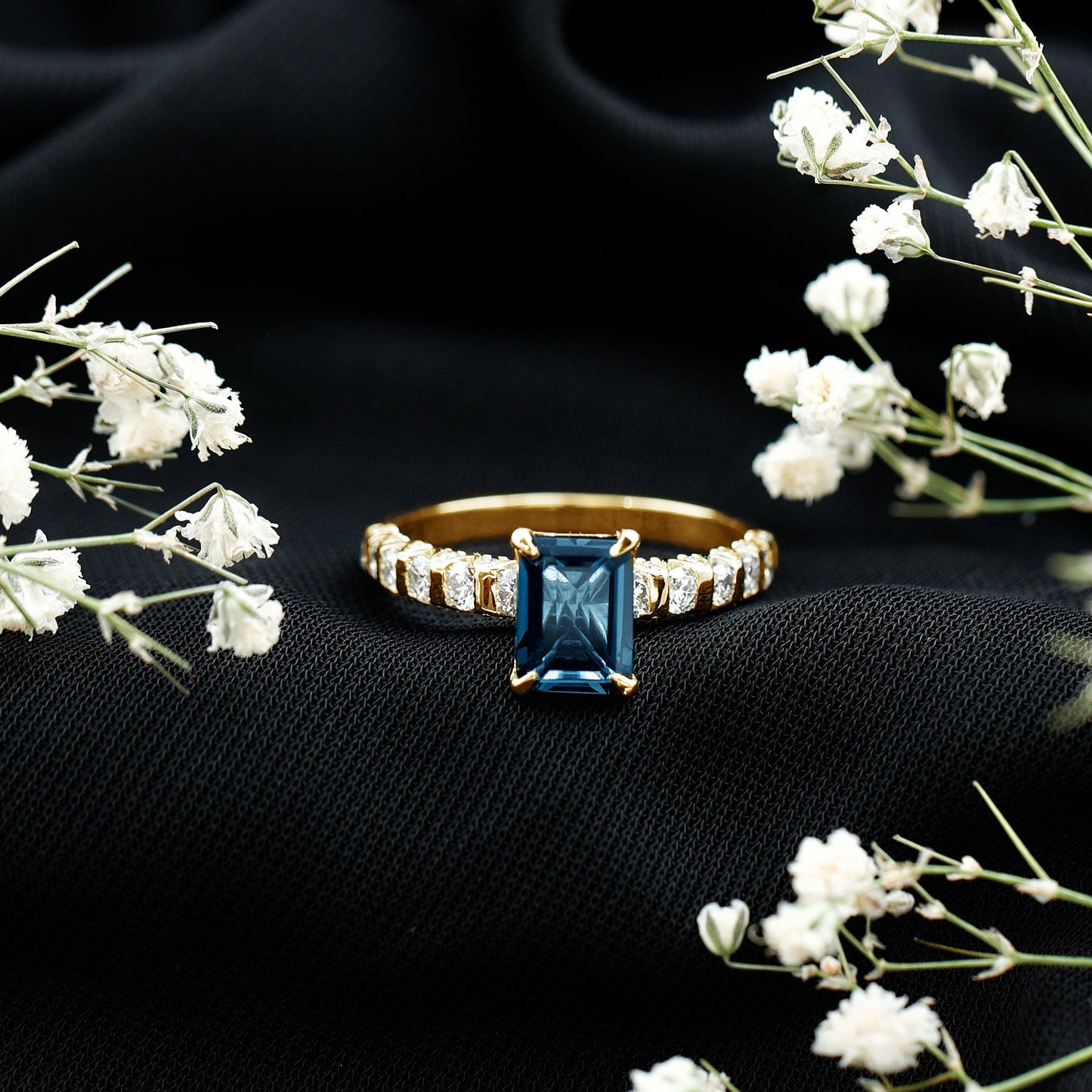 2.25 Carat Emerald Cut London Blue Topaz Engagement Ring with Diamond Side Stones