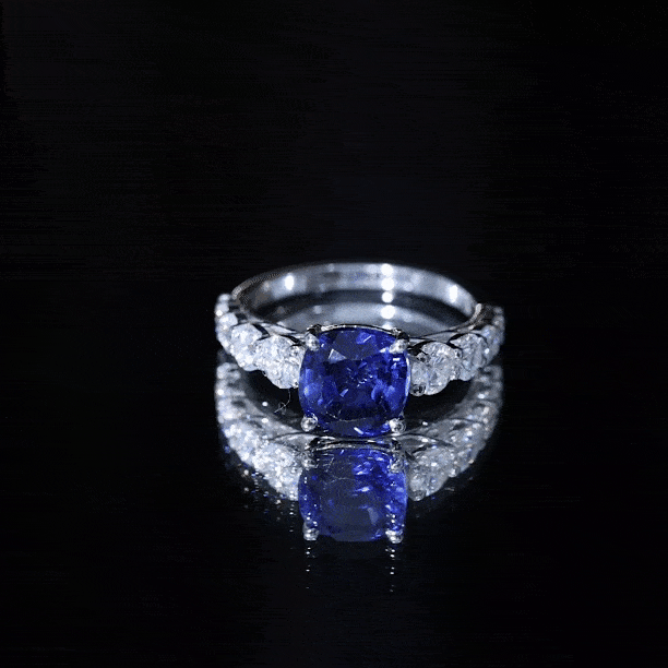 Certified 2.75 Carat Lab Grown Blue Sapphire Cushion Cut Engagement Ring with Moissanite