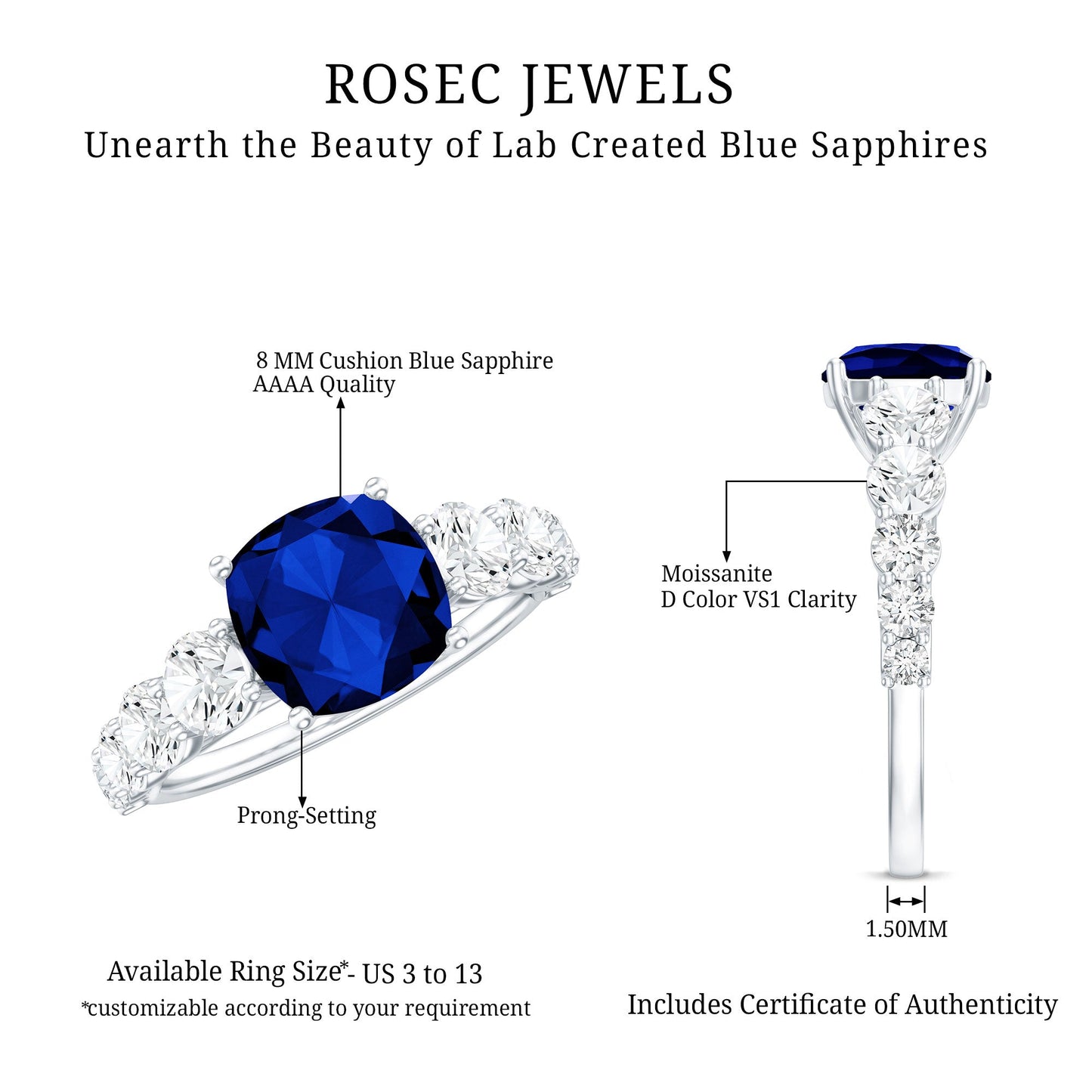 Certified 2.75 Carat Lab Grown Blue Sapphire Cushion Cut Engagement Ring with Moissanite