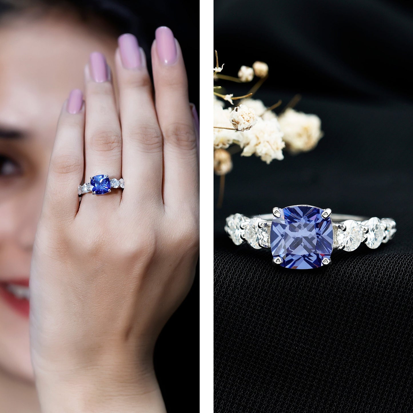 Certified 2.75 Carat Lab Grown Blue Sapphire Cushion Cut Engagement Ring with Moissanite