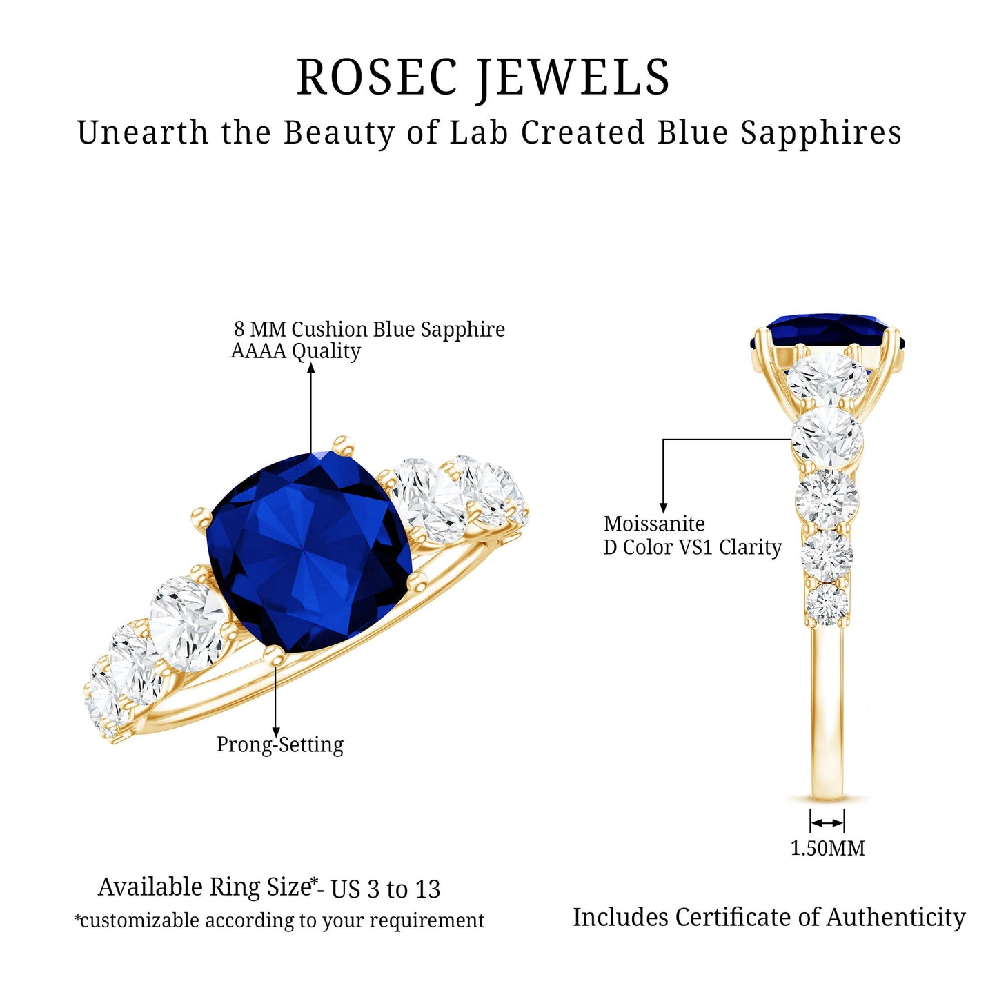 Certified 2.75 Carat Lab Grown Blue Sapphire Cushion Cut Engagement Ring with Moissanite