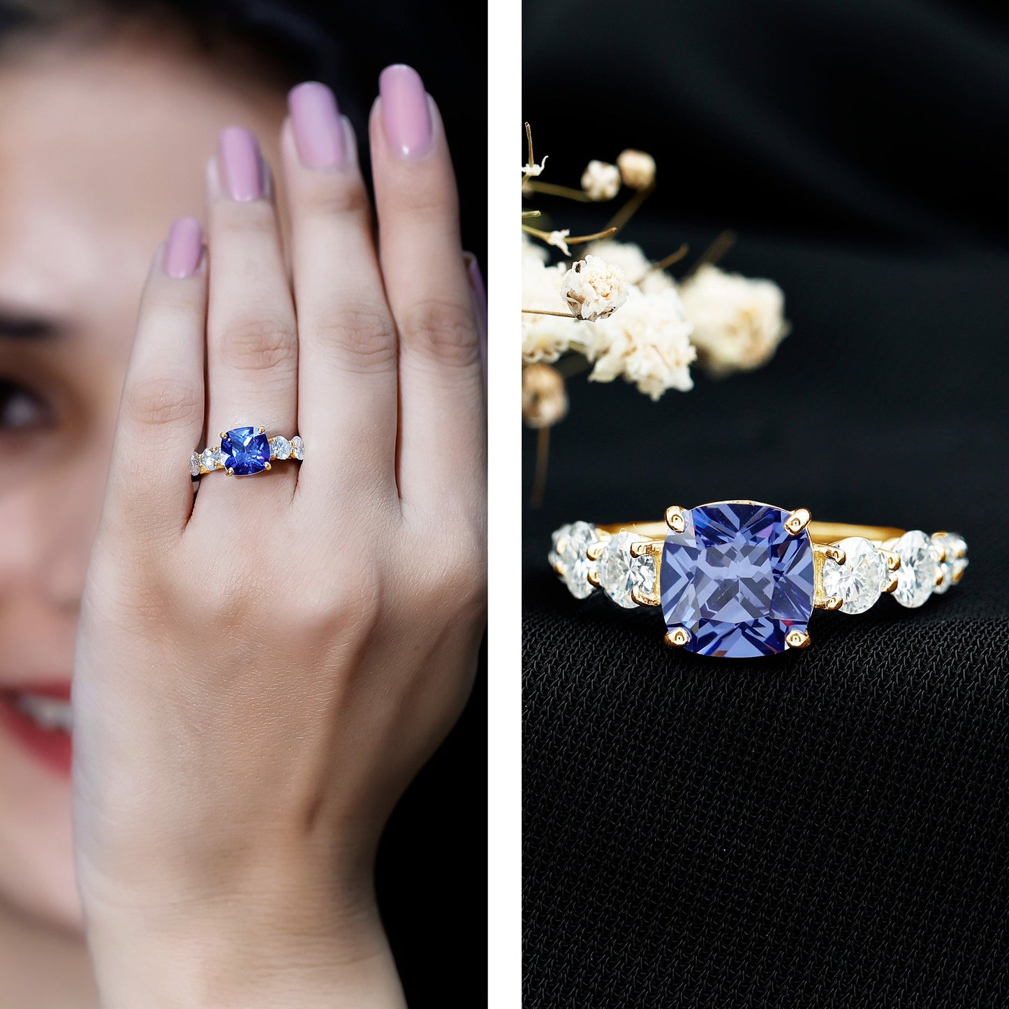Certified 2.75 Carat Lab Grown Blue Sapphire Cushion Cut Engagement Ring with Moissanite